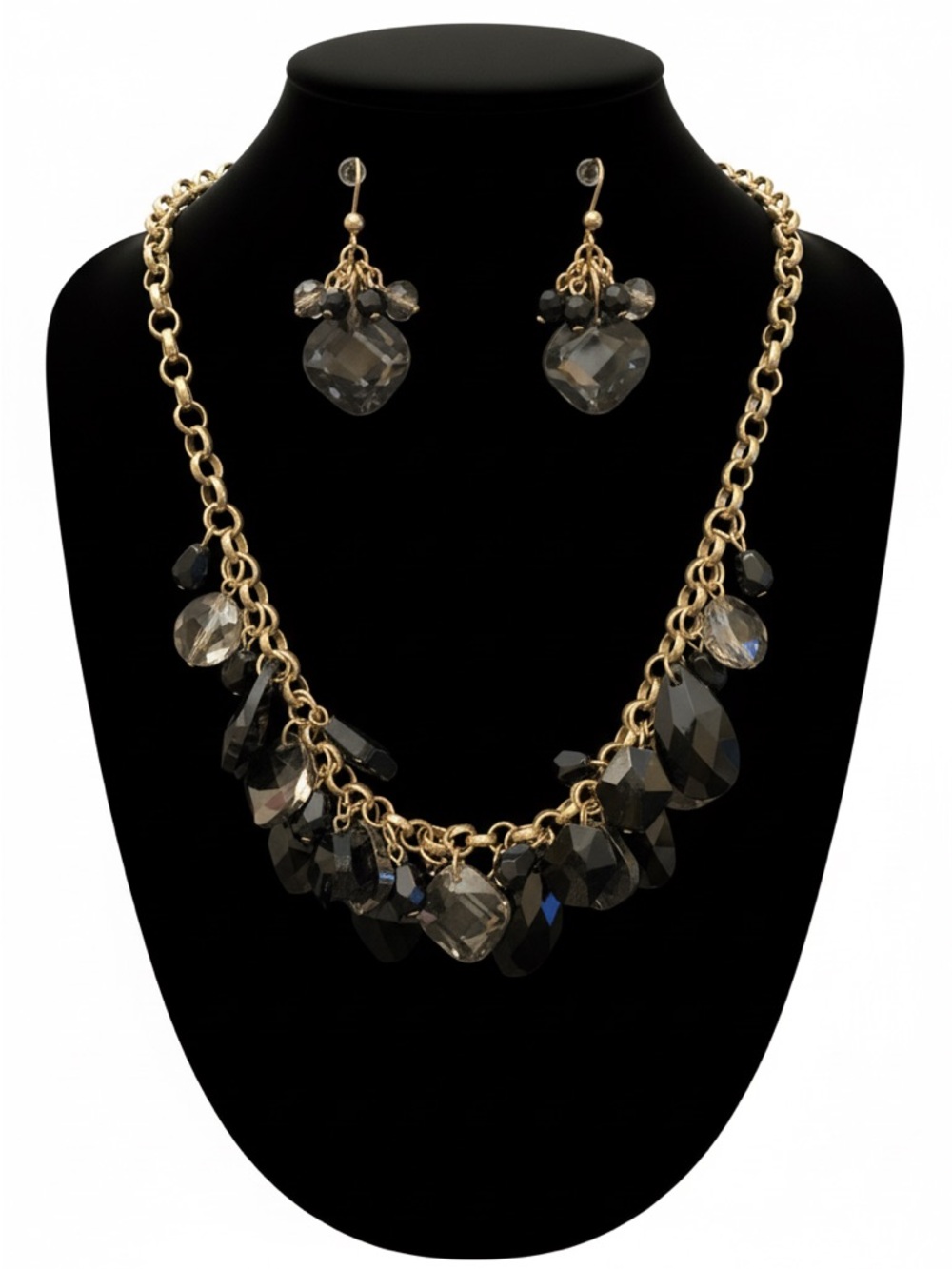 Chunky Gold-Tone Statement Set – Black & Smoky Grey Crystal Beads